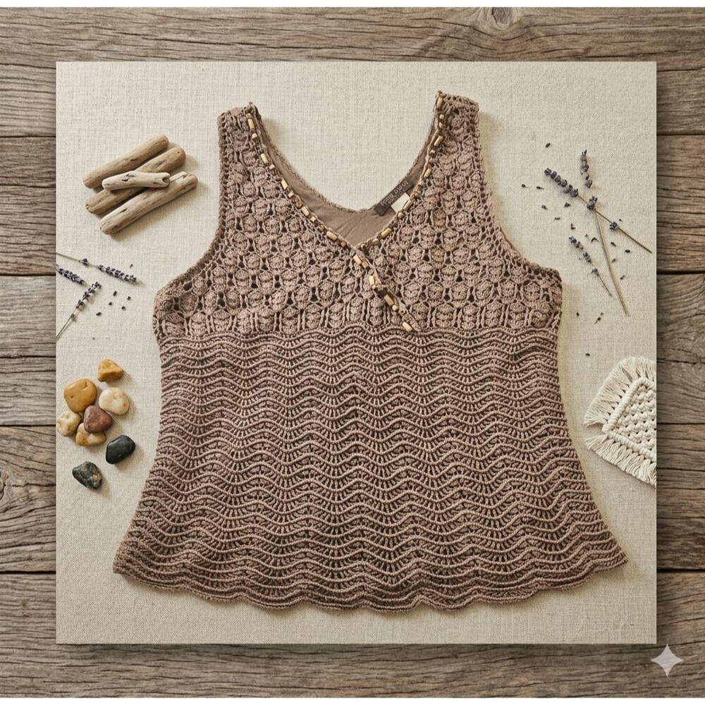 Sigrid Olsen Women’s XL Lined Crochet Top Wooden Buttons Sleeveless Boho Brown